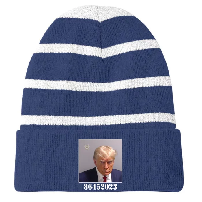 Donald Trump Inmate Mugshot Striped Beanie with Solid Band