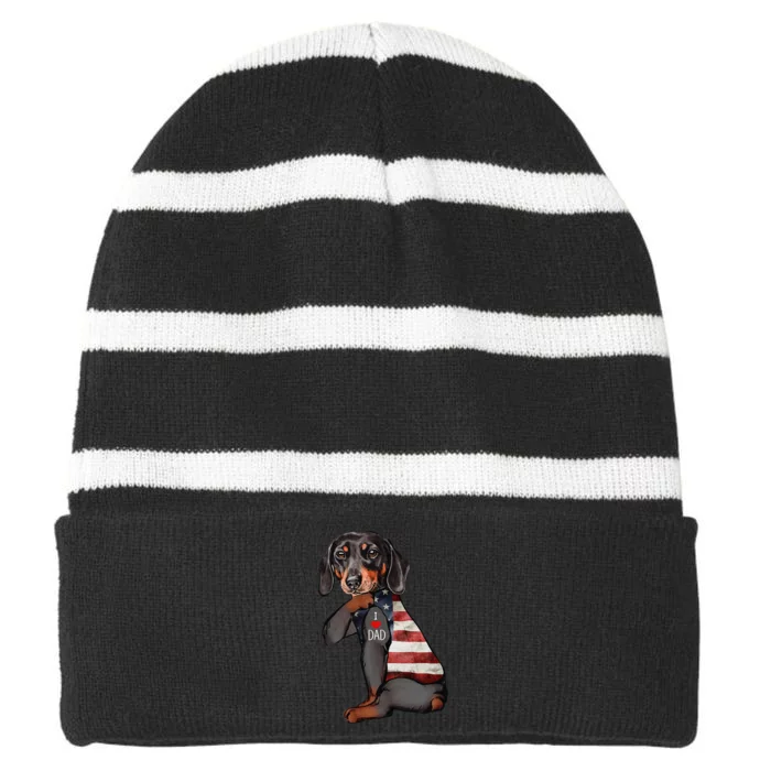 Dachshund Tattoo I Love Dad Fathers Day Striped Beanie with Solid Band