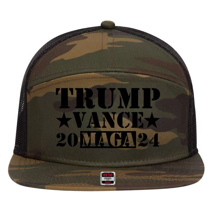 Donald Trump Jd Vance 2024 Maga Army Stamp Black Logo 7 Panel Mesh Trucker Snapback Hat