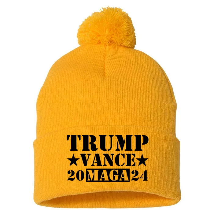 Donald Trump Jd Vance 2024 Maga Army Stamp Black Logo Pom Pom 12in Knit Beanie