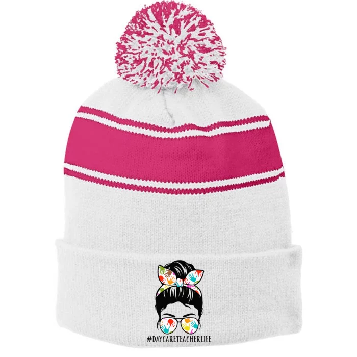 Daycare Teacher Life Messy Bun Mom funny teacher Stripe Pom Pom Beanie