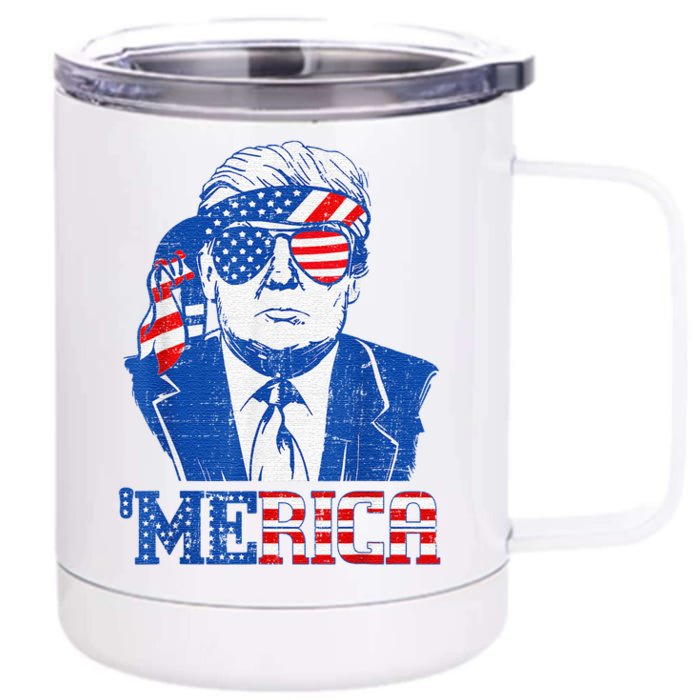 Donald Trump Merica Trump Sunglass Us Flag 4th Of July Front & Back 12oz Stainless Steel Tumbler Cup