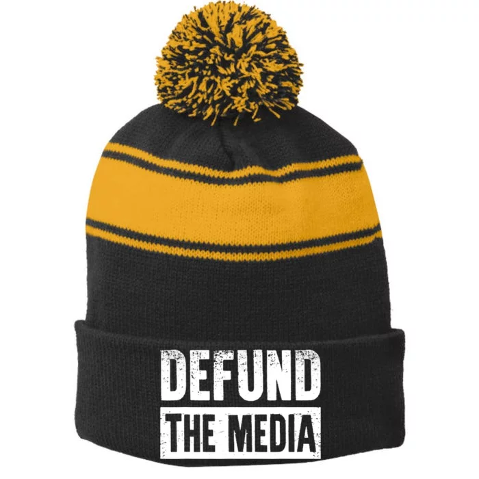 Defund The Media Vintage Stripe Pom Pom Beanie