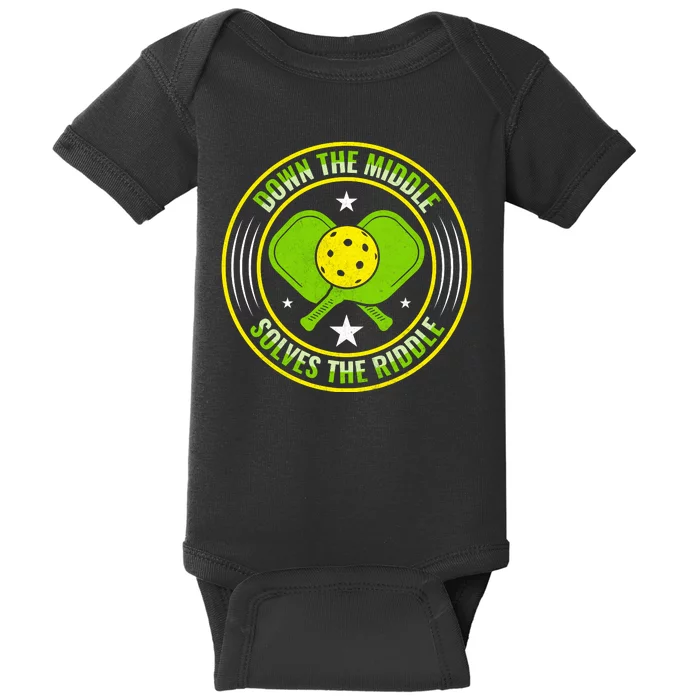 Down The Middle Solves The Riddle Funny Pickleball Baby Bodysuit