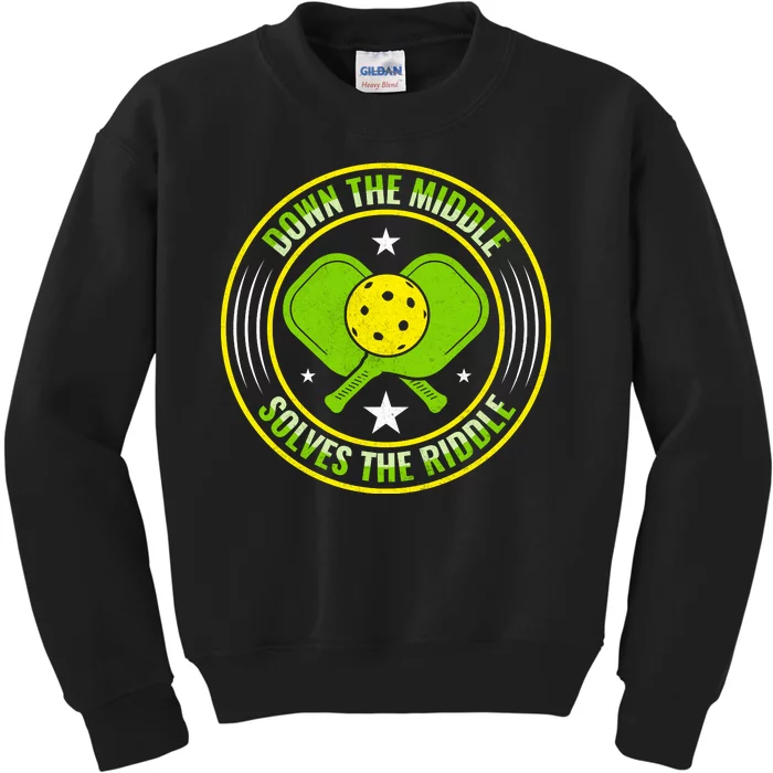 Down The Middle Solves The Riddle Funny Pickleball Kids Sweatshirt