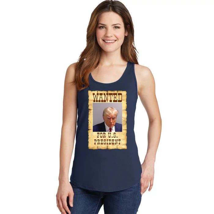 DONALD TRUMP MUG SHOT WANTED SIGN Ladies Essential Tank