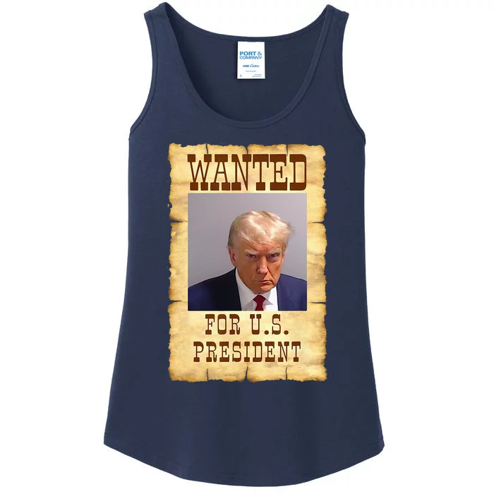 DONALD TRUMP MUG SHOT WANTED SIGN Ladies Essential Tank