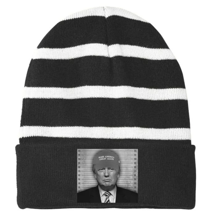 Donald Trump Mugshot Make America Great Again Striped Beanie with Solid Band