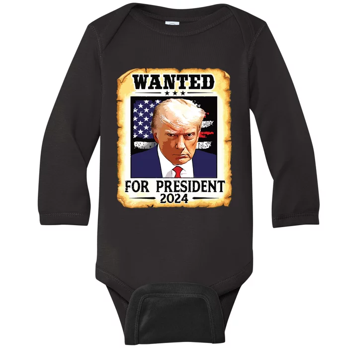 Donald Trump Mug Shot Wanted For Us President 2024 Baby Long Sleeve Bodysuit