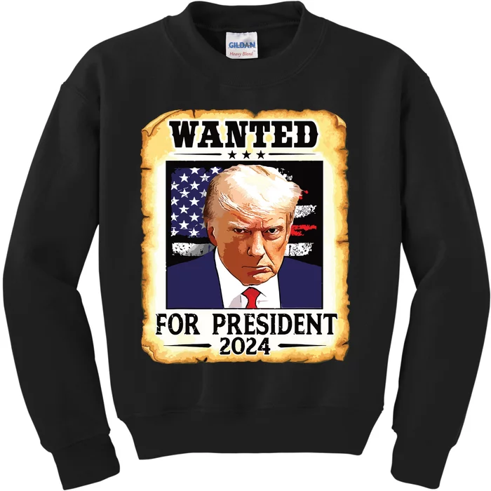 Donald Trump Mug Shot Wanted For Us President 2024 Kids Sweatshirt