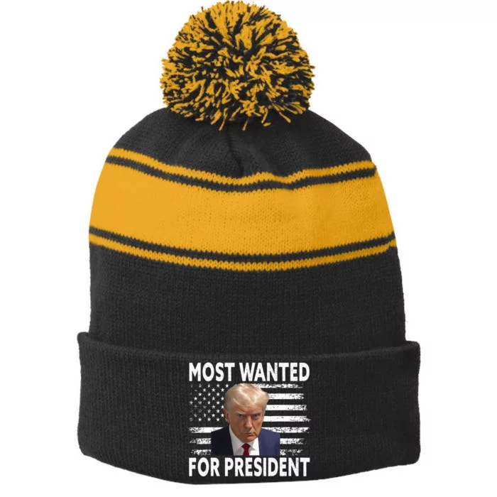 Donald Trump Most Wanted For President 2024 Stripe Pom Pom Beanie