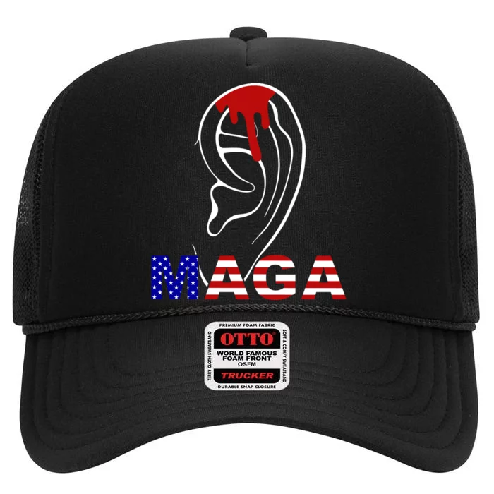 Donald Trump Maga Gun Shot To The Ear High Crown Mesh Trucker Hat