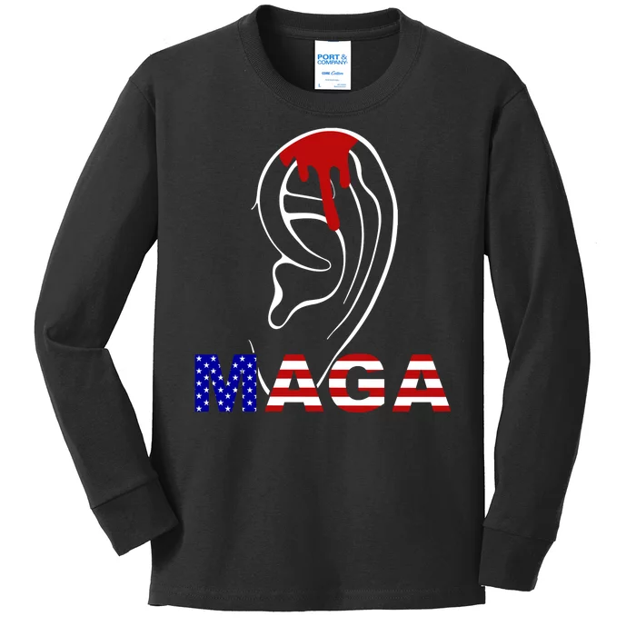 Donald Trump Maga Gun Shot To The Ear Kids Long Sleeve Shirt