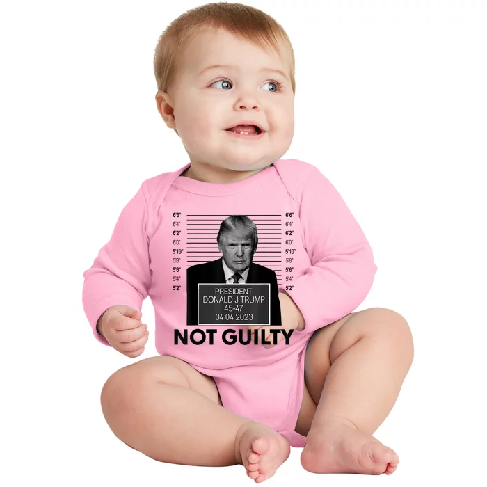 Donald Trump Mugshot Not Guilty Trump Supporter Baby Long Sleeve Bodysuit