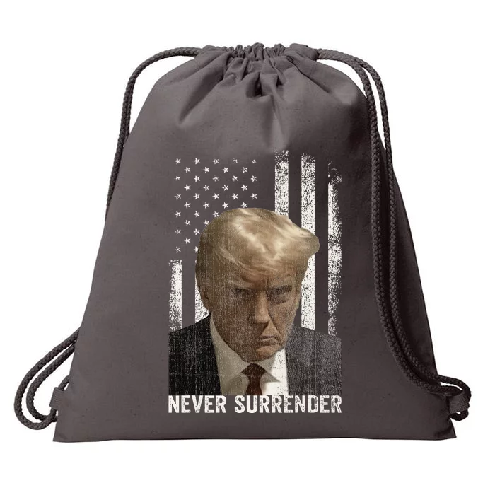 Donald Trump Mugshot Never Surrender Drawstring Bag