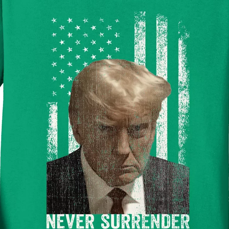 Donald Trump Mugshot Never Surrender Kids Long Sleeve Shirt