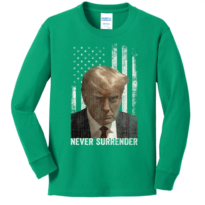 Donald Trump Mugshot Never Surrender Kids Long Sleeve Shirt