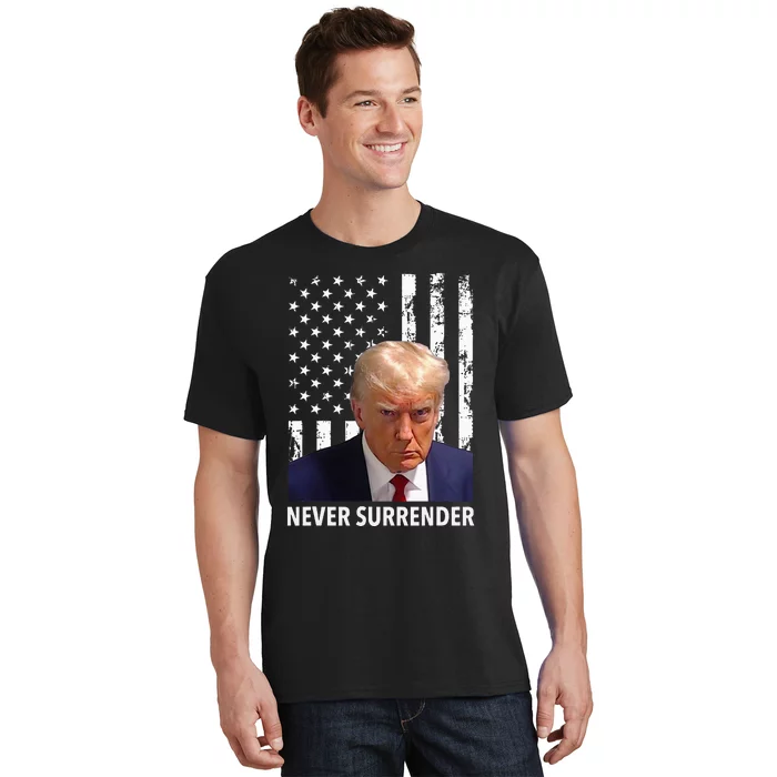 Donald Trump Mug Shot Never Surrender American Flag Trump T-Shirt