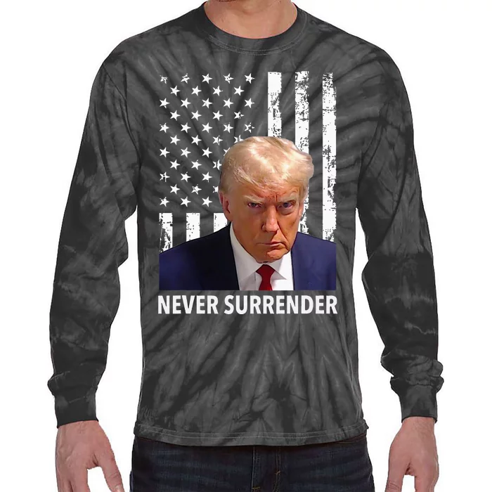 Donald Trump Mug Shot Never Surrender American Flag Trump Tie-Dye Long Sleeve Shirt