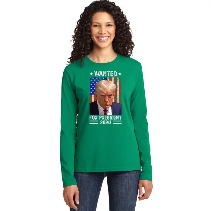 Donald Trump Mug Shot Wanted For U.S. President 2024 Ladies Long Sleeve Shirt