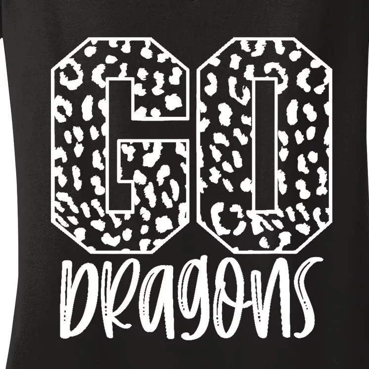 Dragons Team Mascot School Spirit Game Night Leopard Print Women's V-Neck T-Shirt