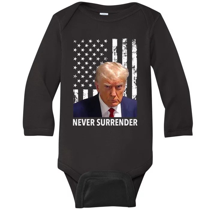 Donald Trump Mug Shot Never Surrender American Flag Trump Baby Long Sleeve Bodysuit