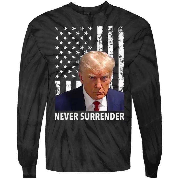 Donald Trump Mug Shot Never Surrender American Flag Trump Tie-Dye Long Sleeve Shirt