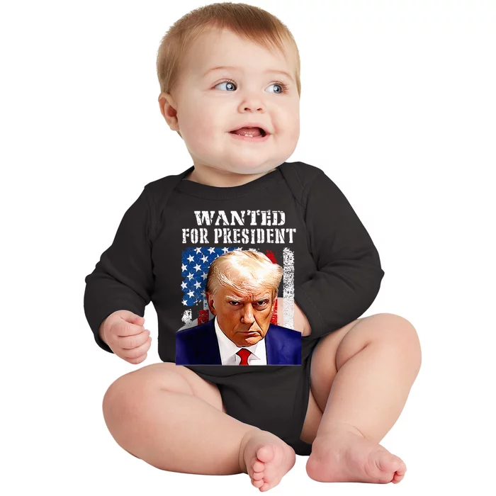 Donald Trump Mug Shot Wanted For U.S. President 2024 (1) Baby Long Sleeve Bodysuit