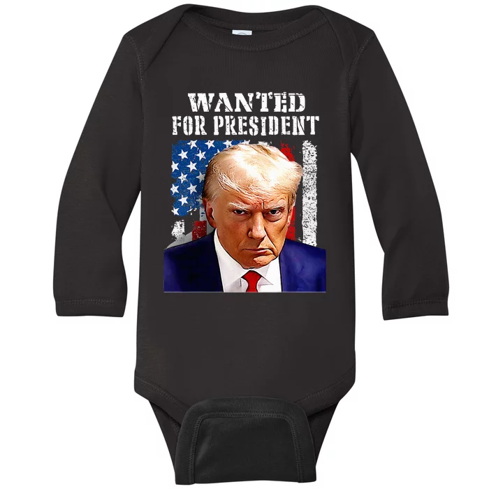 Donald Trump Mug Shot Wanted For U.S. President 2024 (1) Baby Long Sleeve Bodysuit