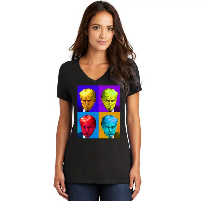 Donald Trump Mug Shot Colorful Pop Art Women's V-Neck T-Shirt