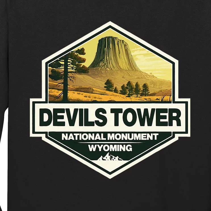 Devils Tower National Monument Wyoming Travel Art Badge Long Sleeve Shirt