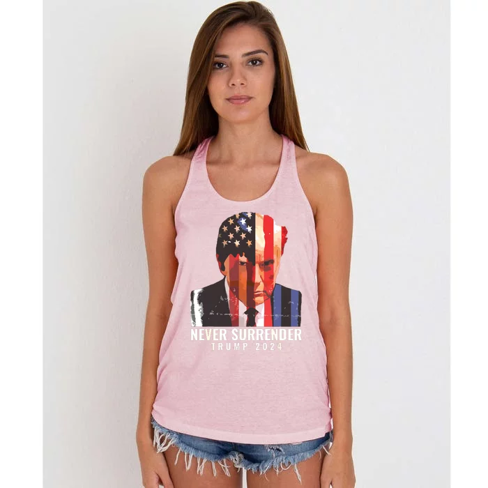 Donald Trump Never Surrender President 2024 Trump Mug Shot Women's Knotted Racerback Tank