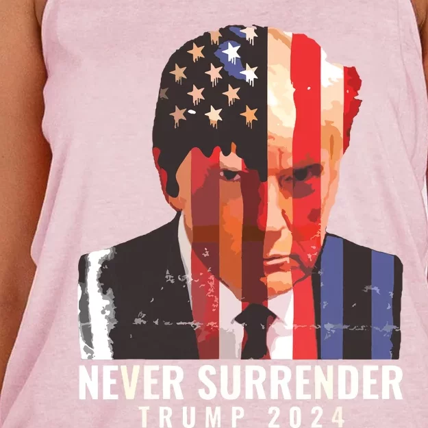 Donald Trump Never Surrender President 2024 Trump Mug Shot Women's Knotted Racerback Tank