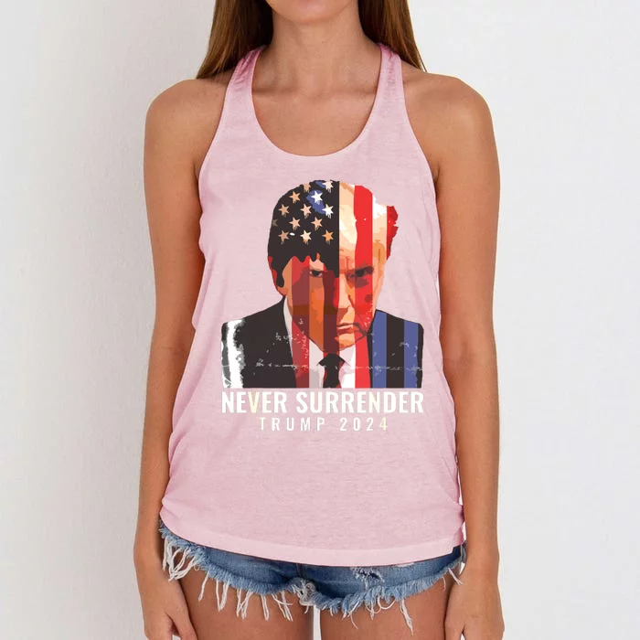 Donald Trump Never Surrender President 2024 Trump Mug Shot Women's Knotted Racerback Tank