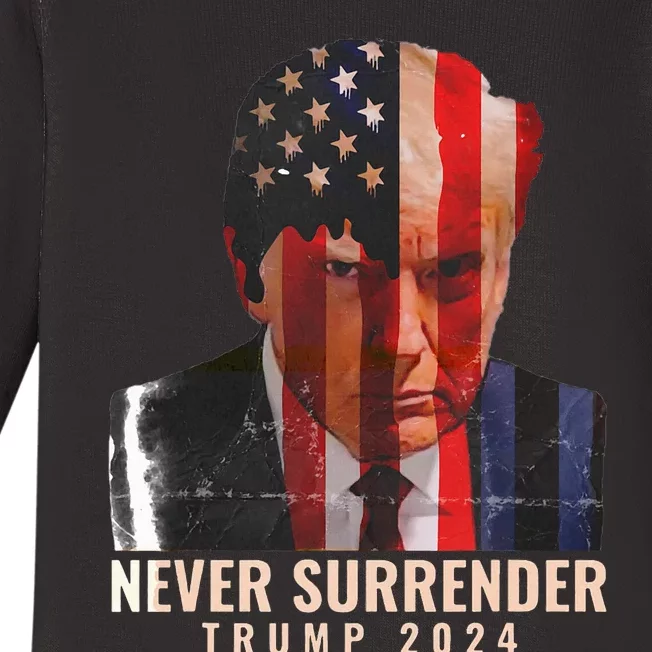 Donald Trump Never Surrender President 2024 Trump Mug Shot Baby Long Sleeve Bodysuit