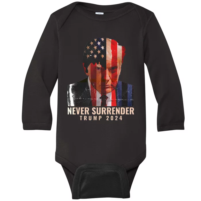 Donald Trump Never Surrender President 2024 Trump Mug Shot Baby Long Sleeve Bodysuit