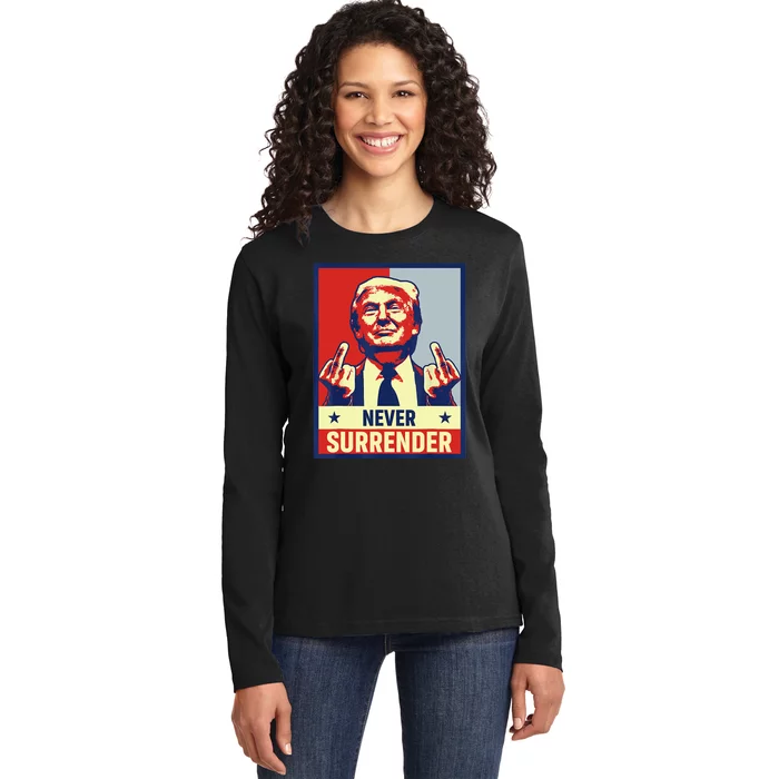 Donald Trump Never Surrender Pro Trump Trump Mug Shot Retro Ladies Long Sleeve Shirt