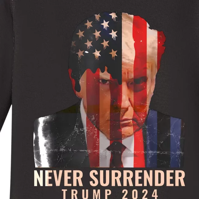 Donald Trump Never Surrender President 2024 Trump Mug Shot Baby Long Sleeve Bodysuit