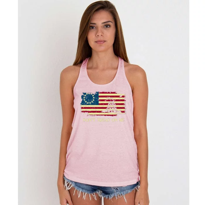 DONT TREAD ON ME Vintage USA American Flag Distressed Women's Knotted Racerback Tank