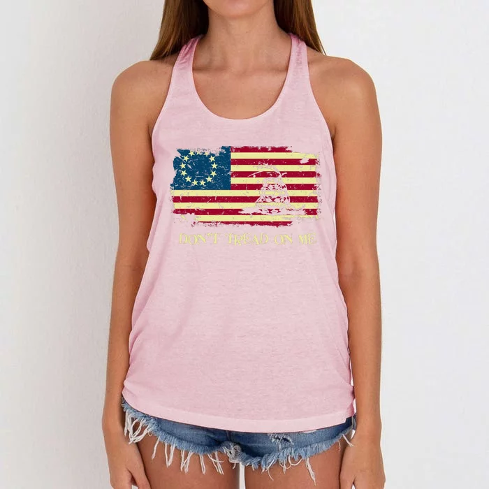 DONT TREAD ON ME Vintage USA American Flag Distressed Women's Knotted Racerback Tank