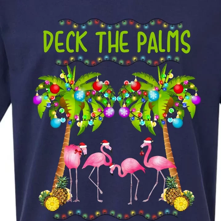 Deck The Palms Merry Flamingo Christmas Funny Sueded Cloud Jersey T-Shirt