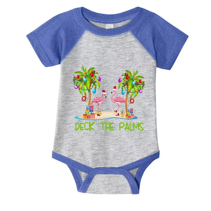 Deck The Palms Merry Flamingo Christmas Holiday Xmas Lights Funny Gift Infant Baby Jersey Bodysuit