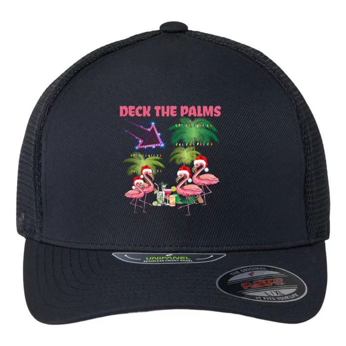 Deck The Palms Flamingo Tropical Christmas Palm Tree Lights Meaningful Gift Flexfit Unipanel Trucker Cap