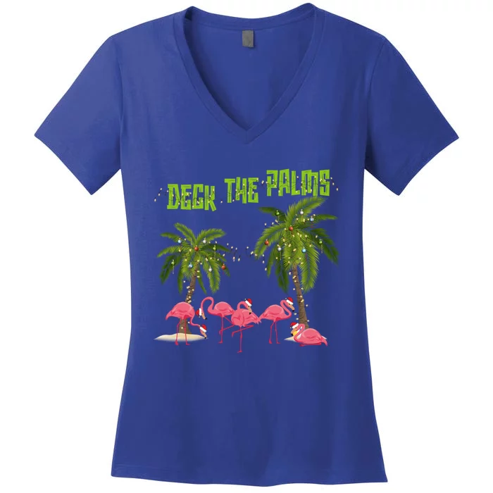 Deck The Palms Merry Flamingo Christmas Funny Xmas Meaningful Gift Women's V-Neck T-Shirt