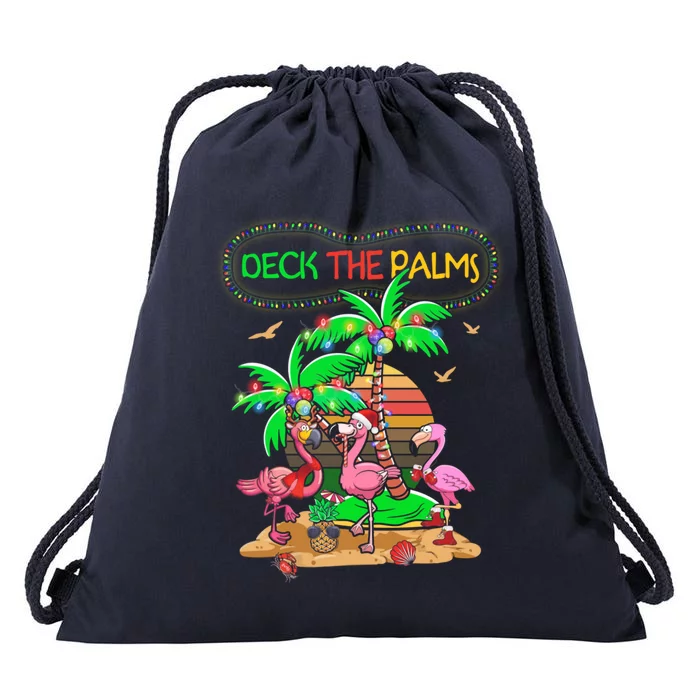 Deck The Palms Merry Flamingo Christmas Palm Tree Beach Meaningful Gift Drawstring Bag