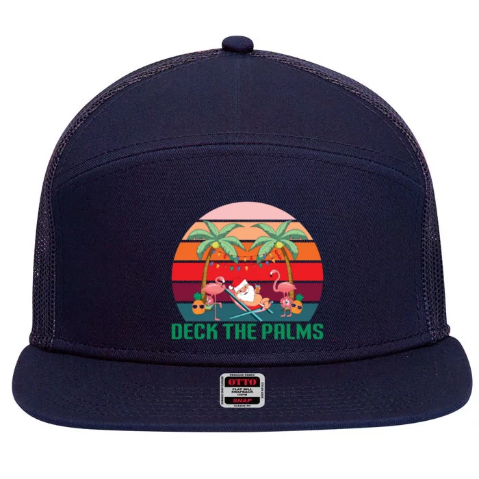 Deck The Palms Tropical Christmas In July Santa Flamingo Cool Gift 7 Panel Mesh Trucker Snapback Hat