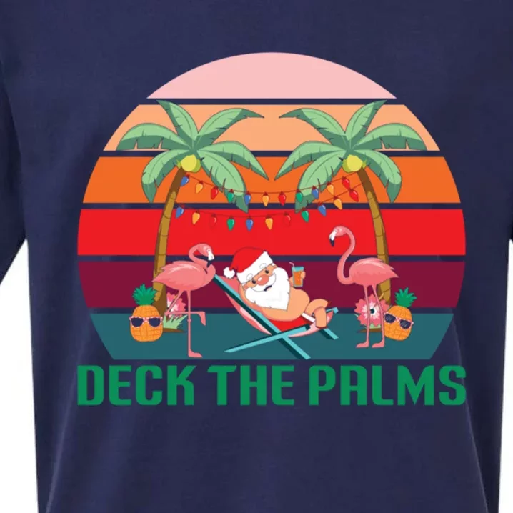 Deck The Palms Tropical Christmas In July Santa Flamingo Cool Gift Sueded Cloud Jersey T-Shirt