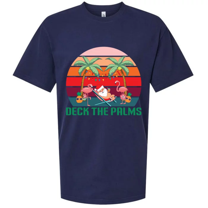 Deck The Palms Tropical Christmas In July Santa Flamingo Cool Gift Sueded Cloud Jersey T-Shirt