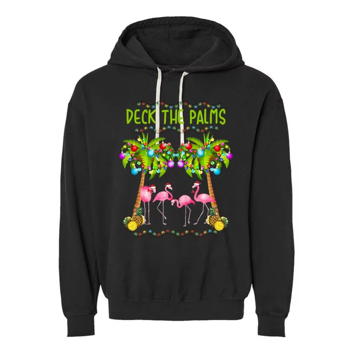 Deck The Palms Merry Flamingo Christmas Gift Sweater Garment-Dyed Fleece Hoodie