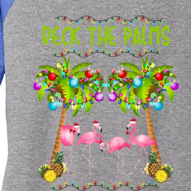 Deck The Palms Merry Flamingo Christmas Gift Sweater Women's Tri-Blend 3/4-Sleeve Raglan Shirt